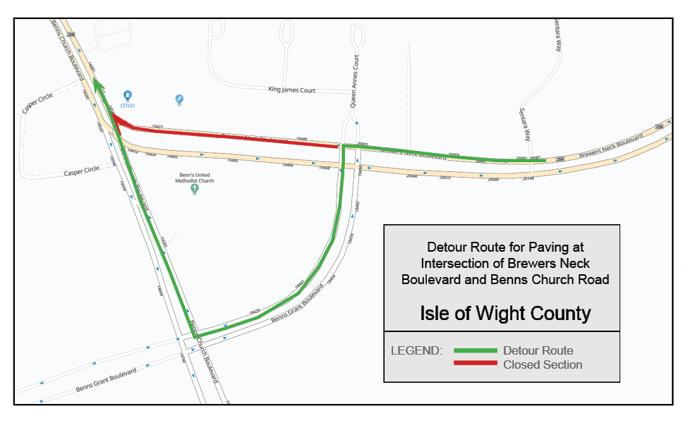 Detour route for westbound traffic on Brewers Neck Boulevard to Benns Church Boulevard for intersection paving in Isle of Wight County.