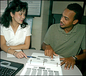 co-workers in front of organizational chart and computer